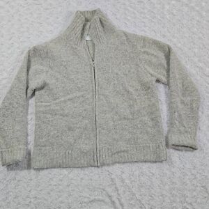Womens Petite Medium Angora Rabbit Hair Lambswool Full Zip Collared Grey Sweater
